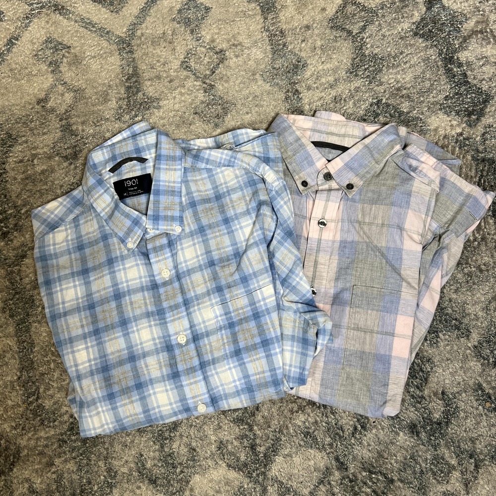 Circolo 1901 Shirt Mens Medium Blue Plaid Linen Long Sleeve Trim Fit Lot Of 2